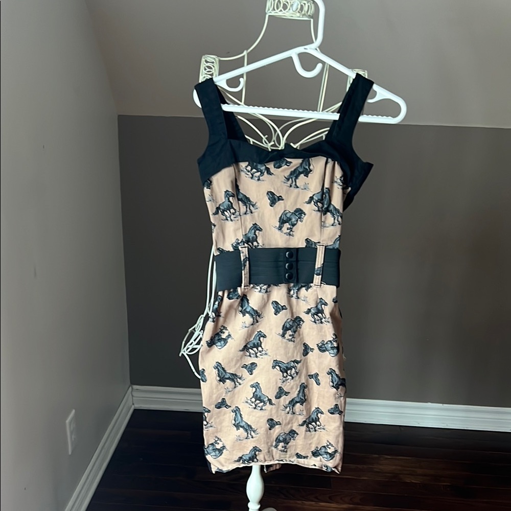 Blue and Cream Sheath Mini Dress with Square Neck